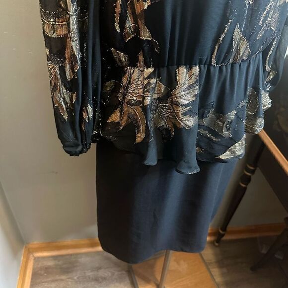 Vintage Patra Black and Gold Blouson Style Midi Cocktail Dress USA Made Size 12 - Picture 3 of 11